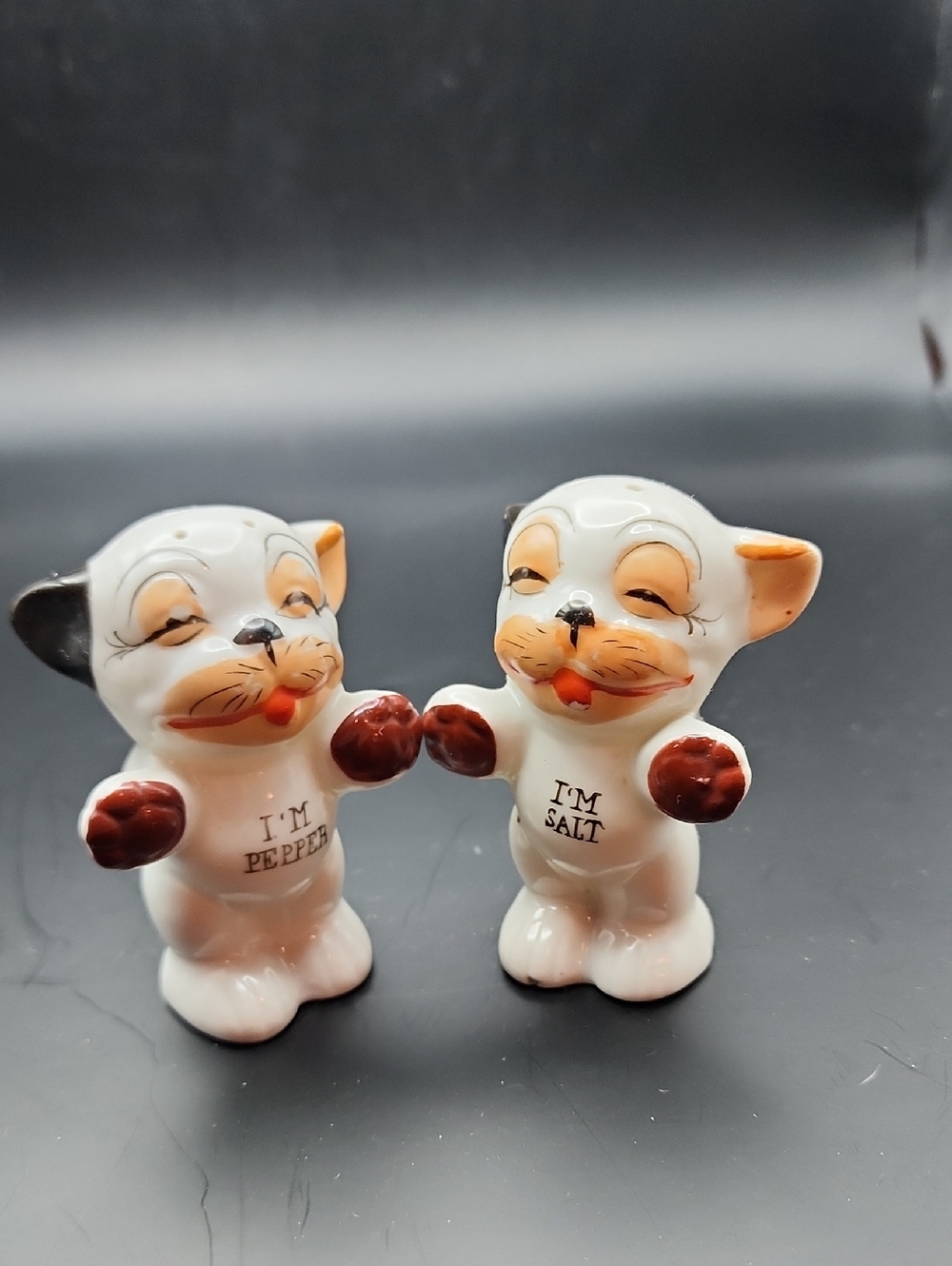 Vintage Japan Bonzo Dog Salt & Pepper Shakers Anthropomorphic Kitsch W/Stoppers